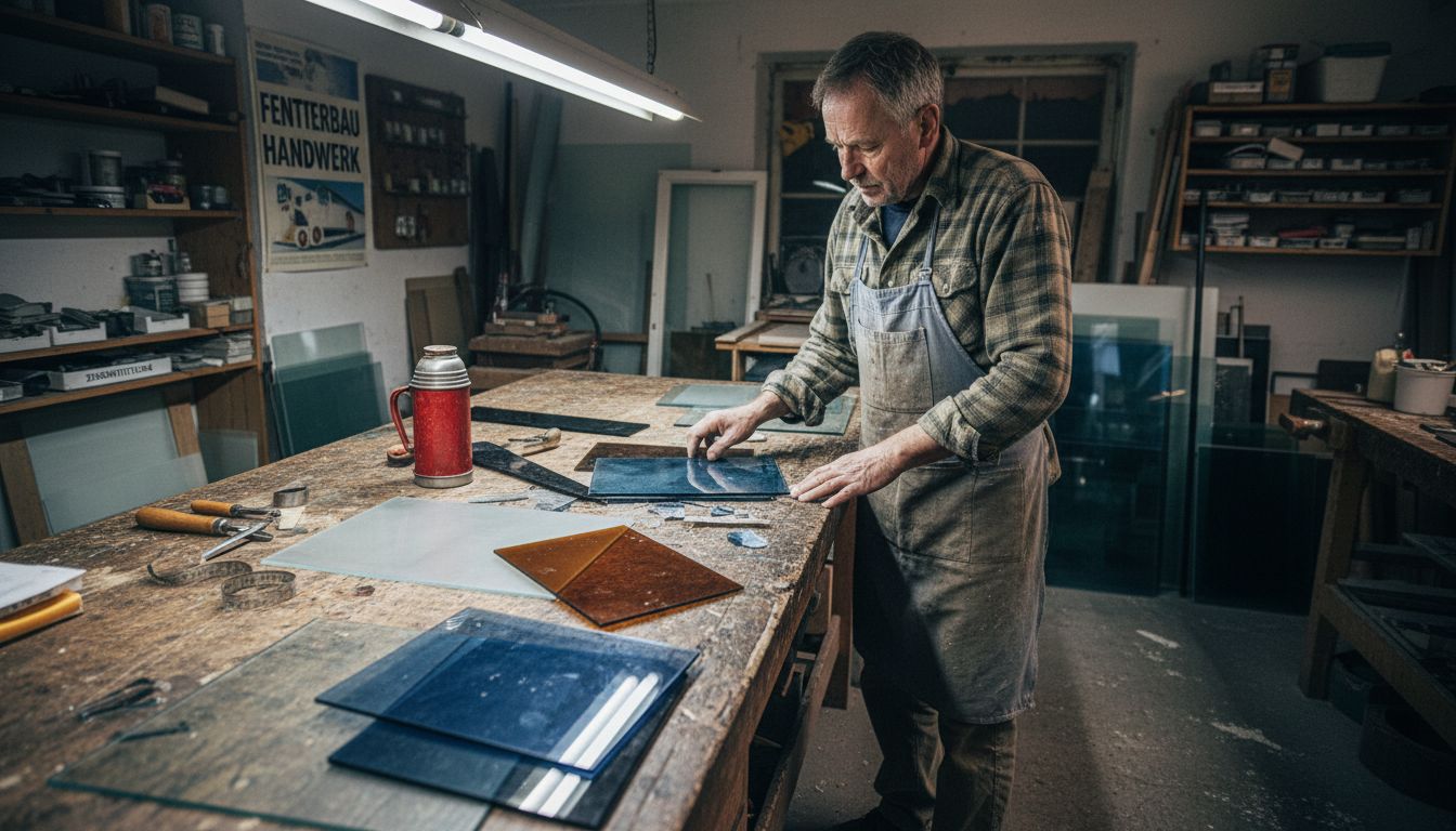 Ein Handwerker begutachtet verschiedene Glasproben und prüft deren Qualität.