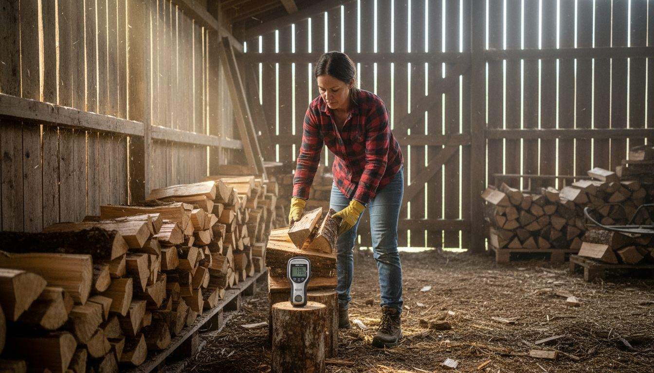 En kvinna staplar ved inne i en gammal lada.