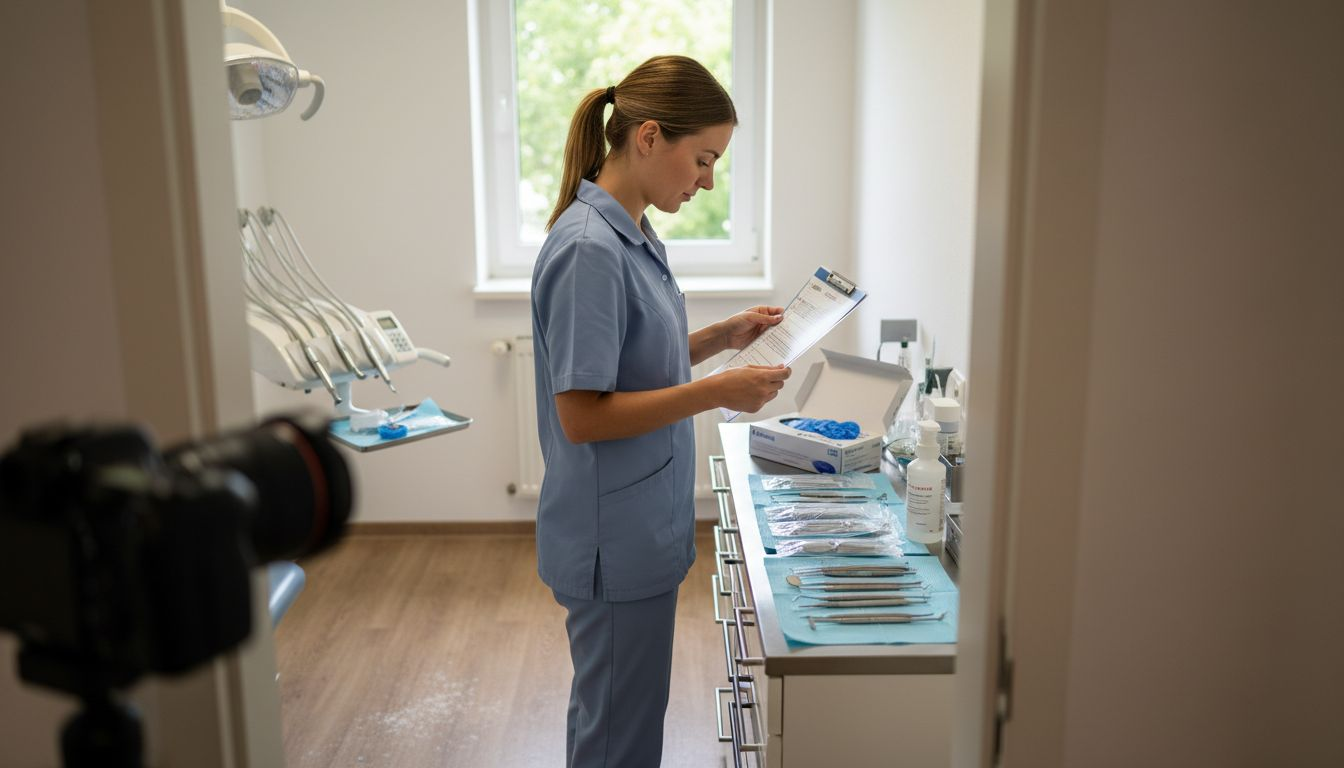 Eine Dentalhygienikerin richtet das Behandlungsset sorgfältig und hygienisch für die nächste Behandlung her.