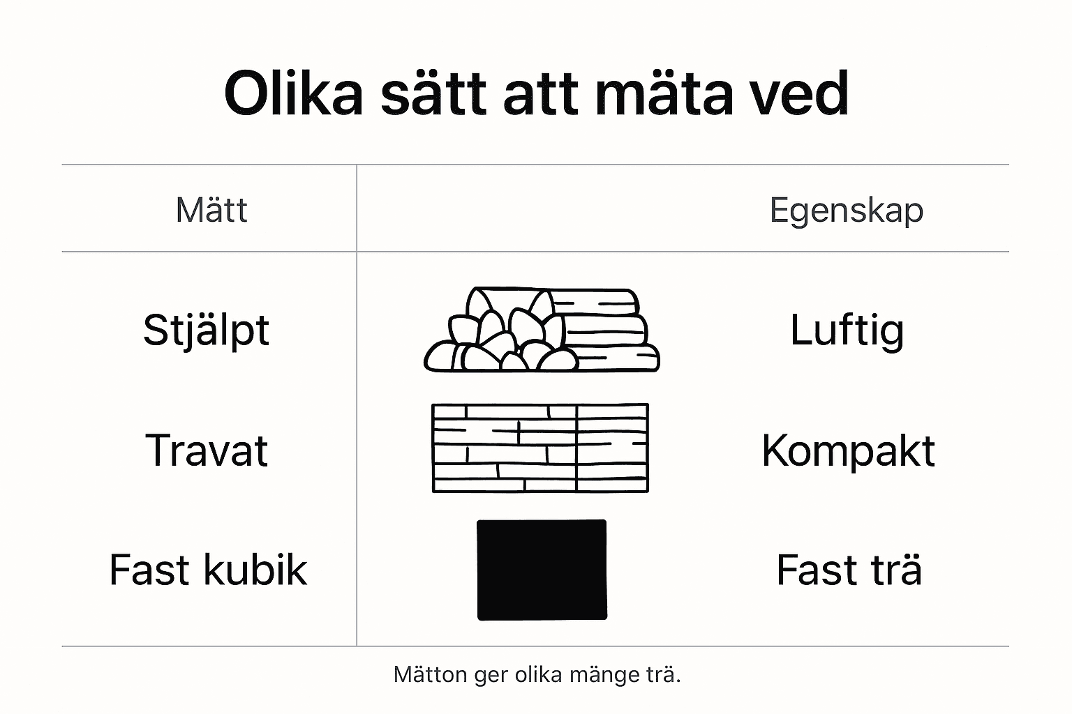 Här får du en överskådlig infografik som visar de vanligaste vedmåtten och hur de skiljer sig åt.