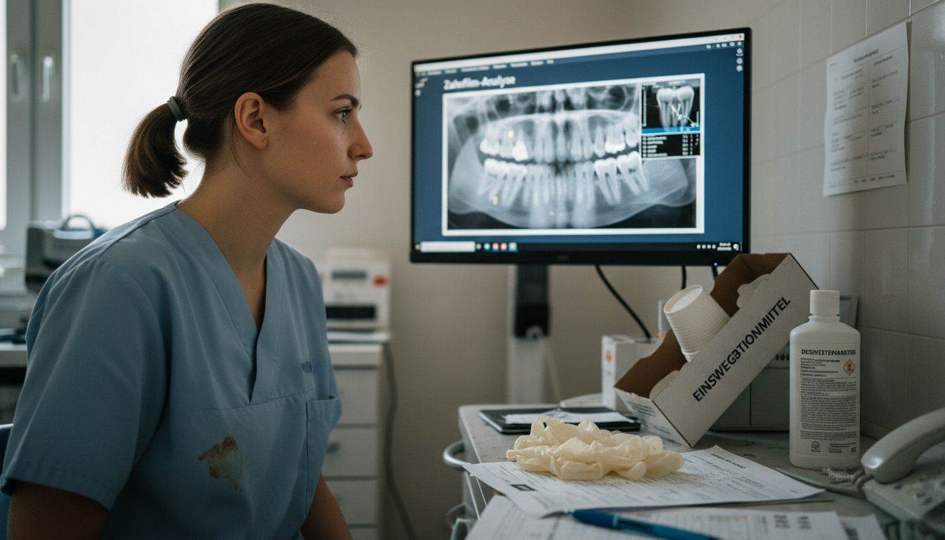 Eine zahnmedizinische Fachangestellte begutachtet ein aktuelles Röntgenbild am Bildschirm.