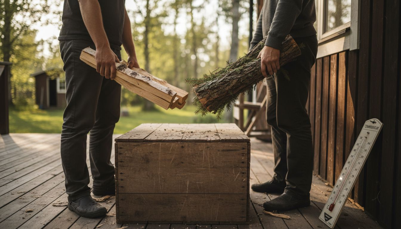 Två personer diskuterar skillnaderna mellan björkved och granved.
