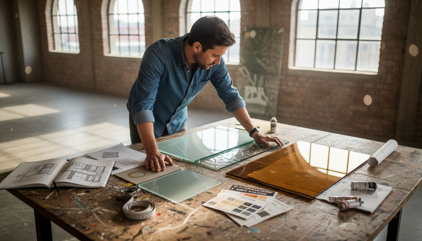 Ein Innenarchitekt prüft verschiedene Glasvarianten für Loft-Türen, um die passende Lösung für das Raumkonzept zu finden.