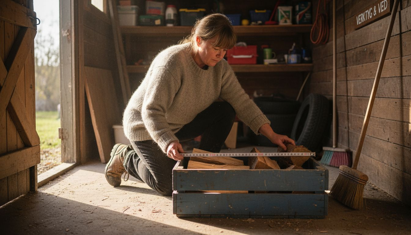 En kvinna kollar hur mycket ved hon har staplat i vedboden.