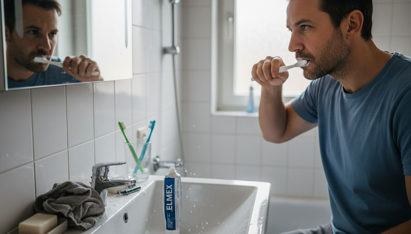 Ein Mann putzt sich morgens ganz entspannt die Zähne in seinem Badezimmer.