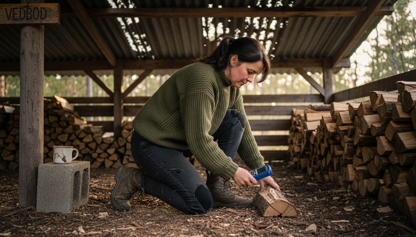 Kinna undersöker veden vid vedskjulet för att se om den är tillräckligt torr.