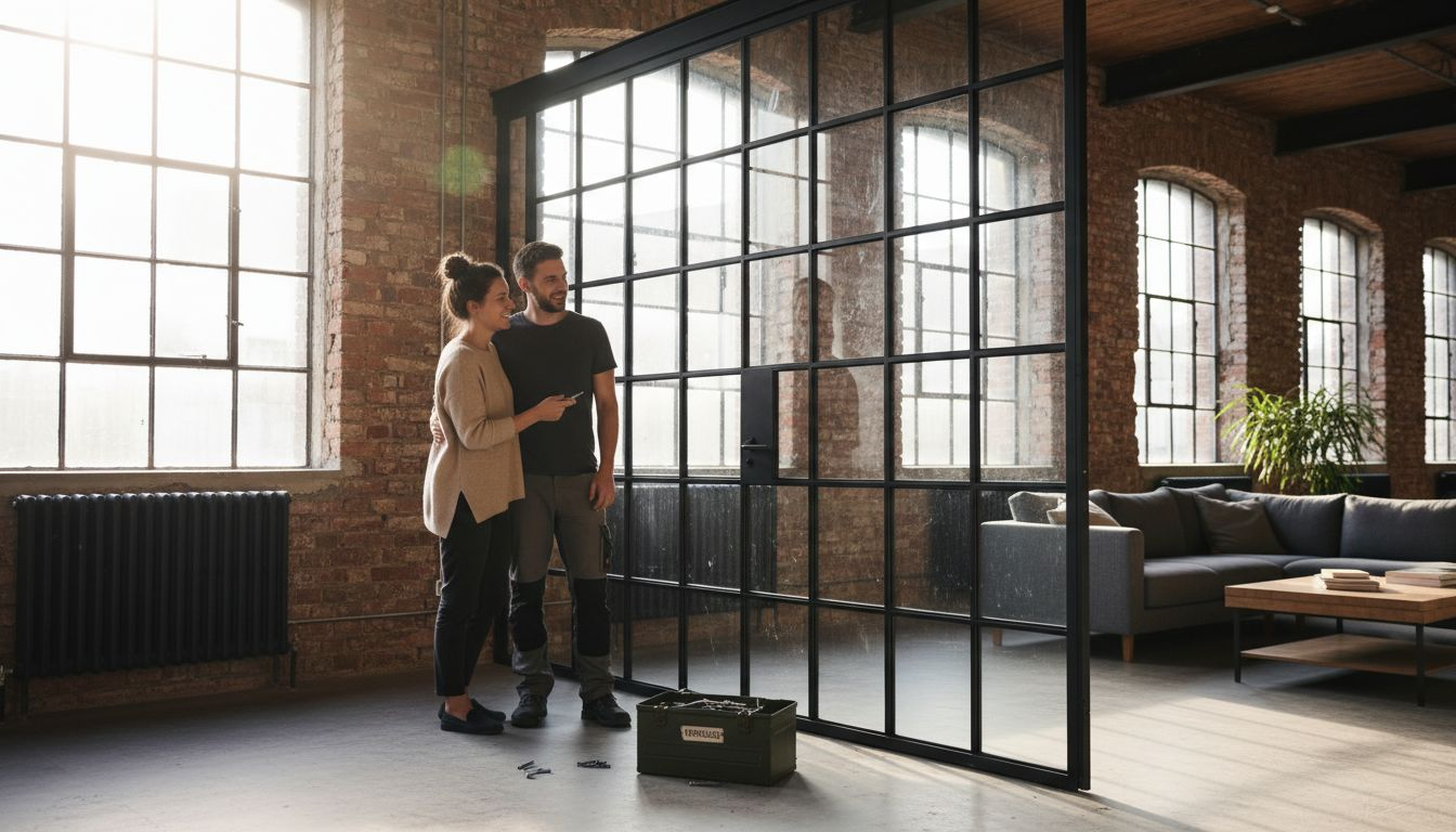 Ein Paar steht im Loft und bewundert die stylische Glastür, die dem Raum einen modernen Touch verleiht.