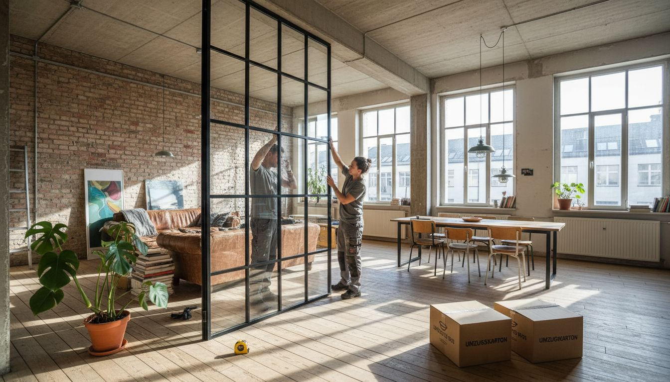 Ein Paar baut eine Lofttür in seiner Berliner Loftwohnung ein.