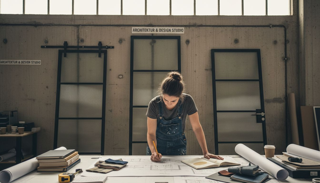 Ein Designer verschafft sich im Atelier einen Überblick über verschiedene Möglichkeiten für Loft-Türen.