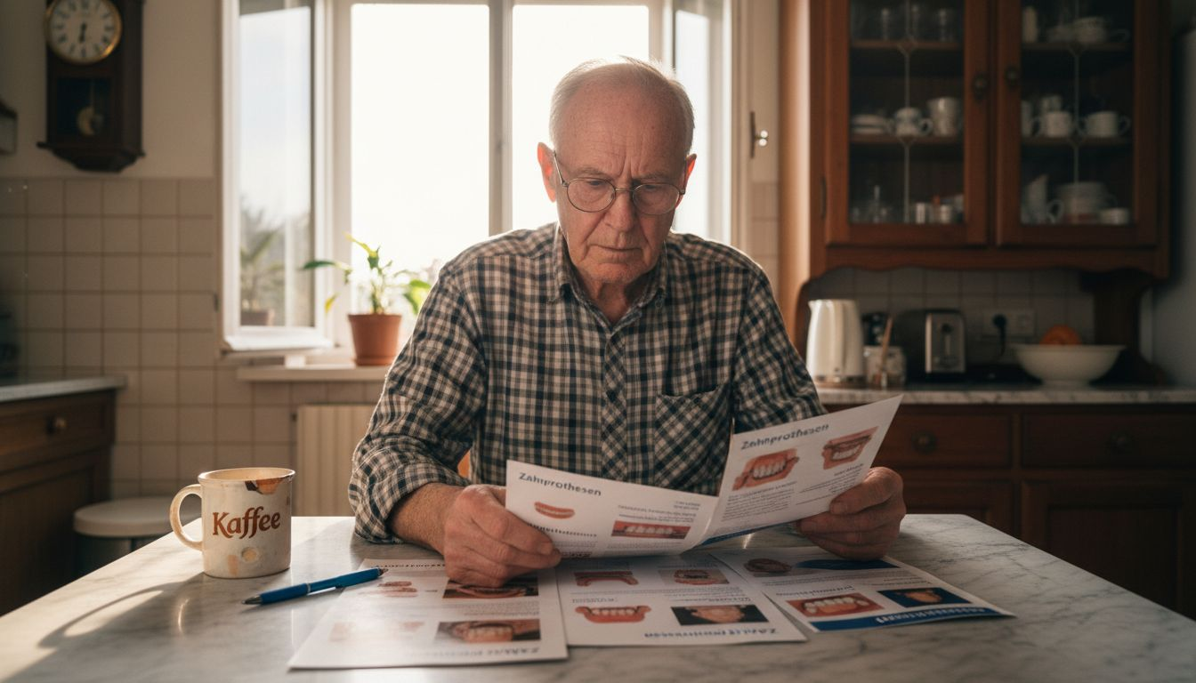 Ein Mann informiert sich über verschiedene Möglichkeiten für Zahnersatz.