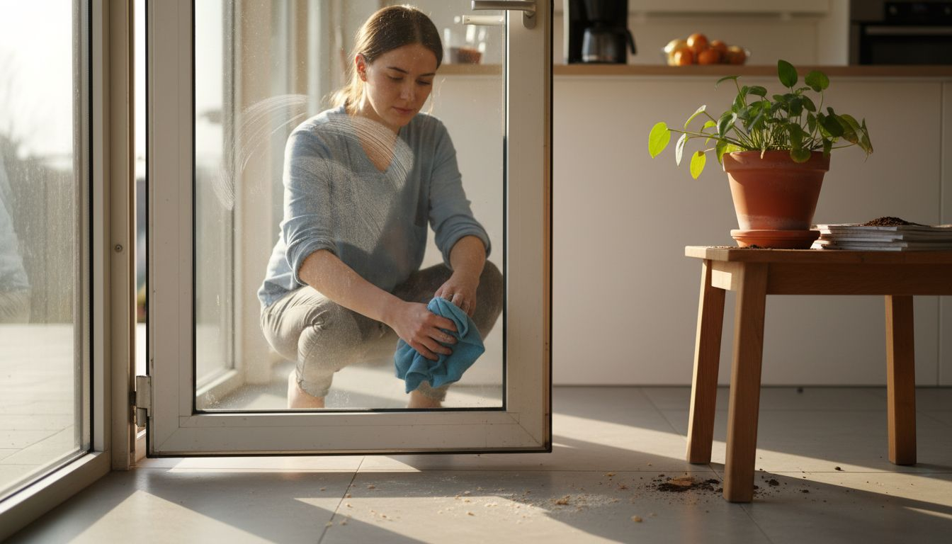 Nahaufnahme beim Reinigen einer Glastür