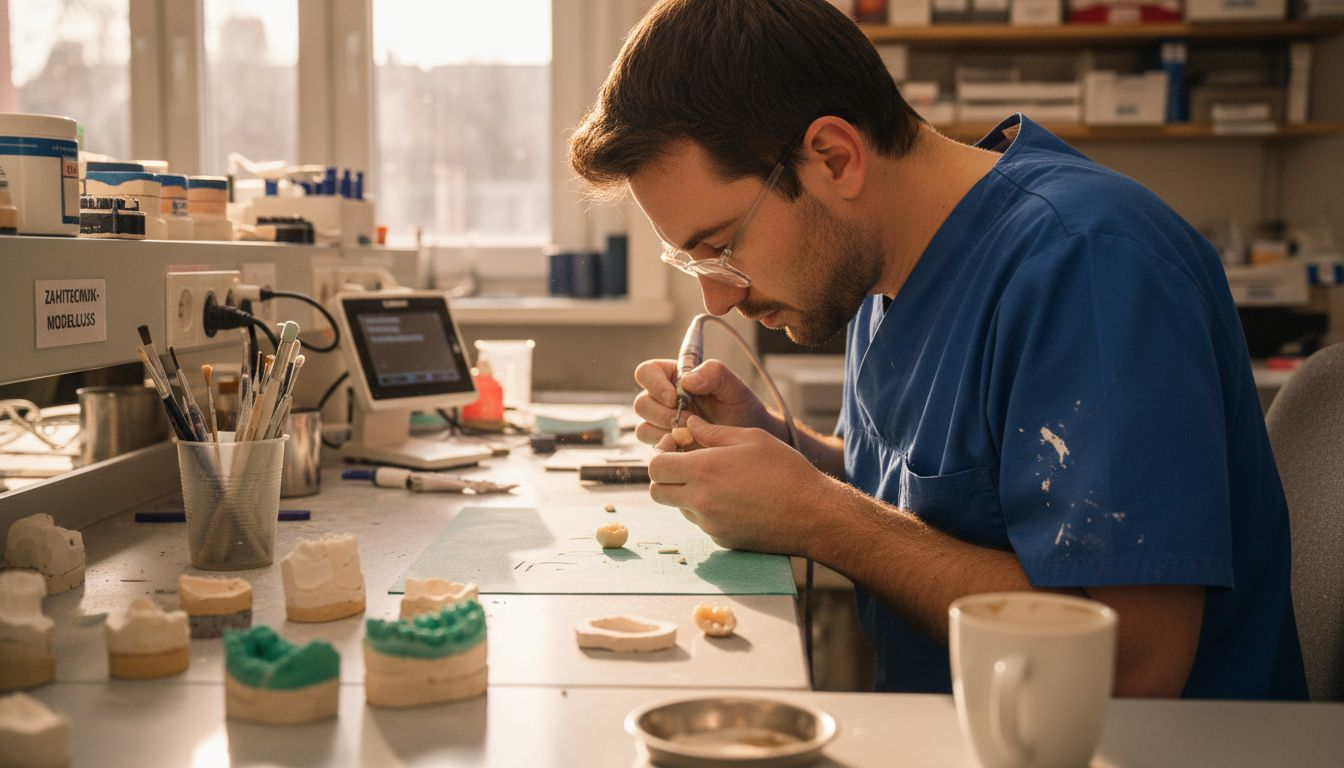 Ein Zahntechniker fertigt eine Keramikkrone an.