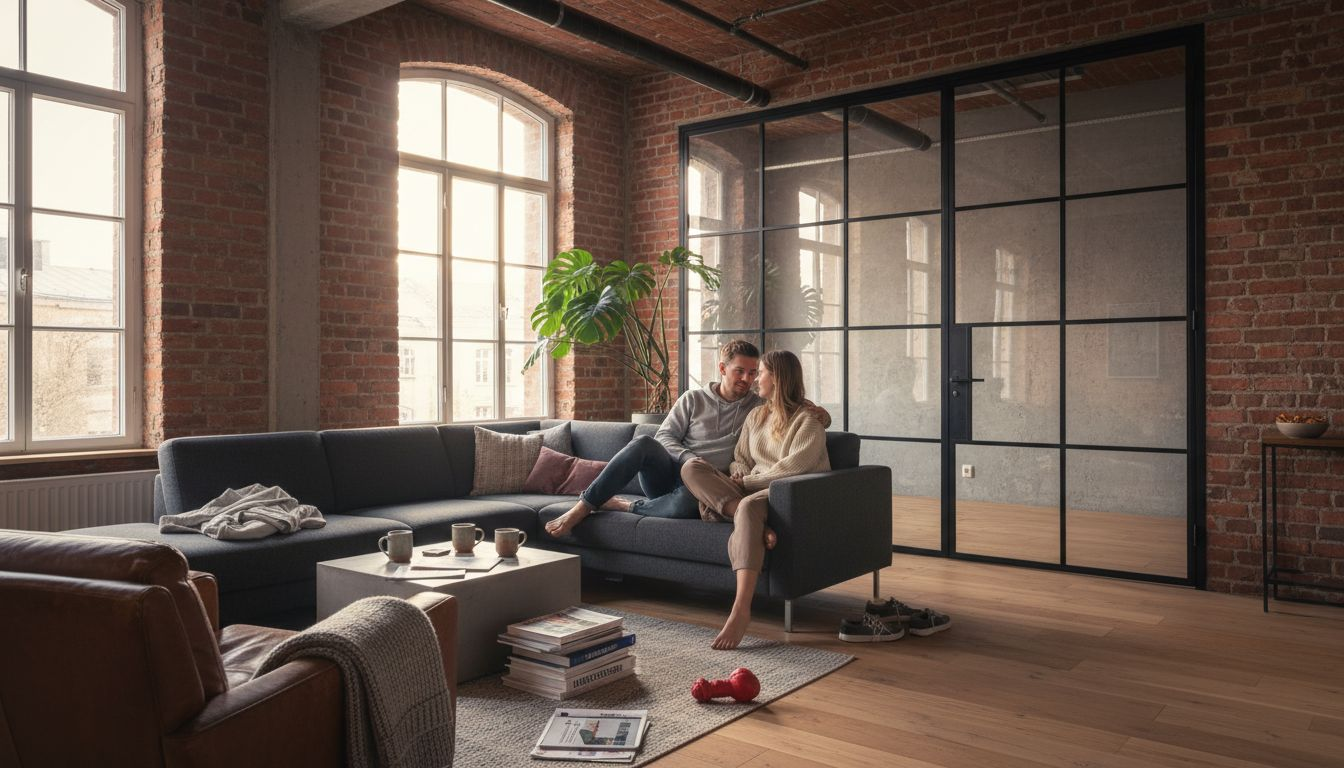 Großzügige Lofttür mit seitlichem Glaselement im gemütlichen Wohnbereich