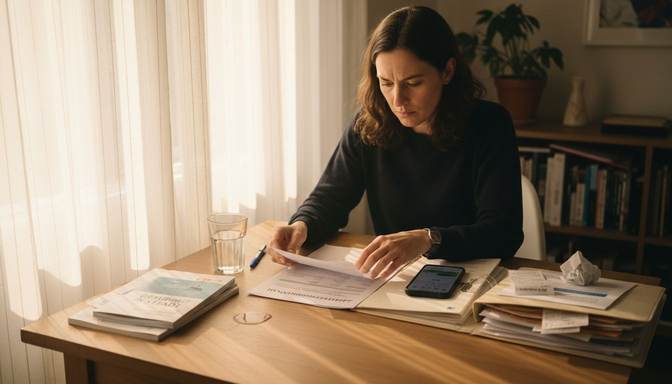 Eine Frau prüft zu Hause ihren Kostenvoranschlag für Zahnbehandlungen.