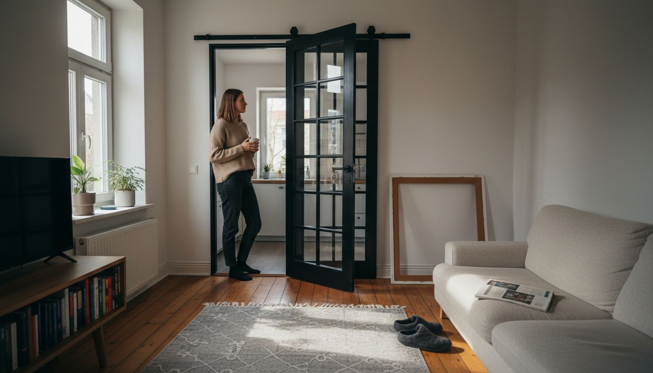 Eine Lofttür schafft einen offenen Übergang zwischen Wohnbereich und Küche.