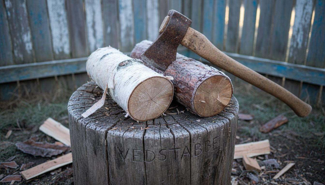 Närbild på ved av björk och tall utomhus