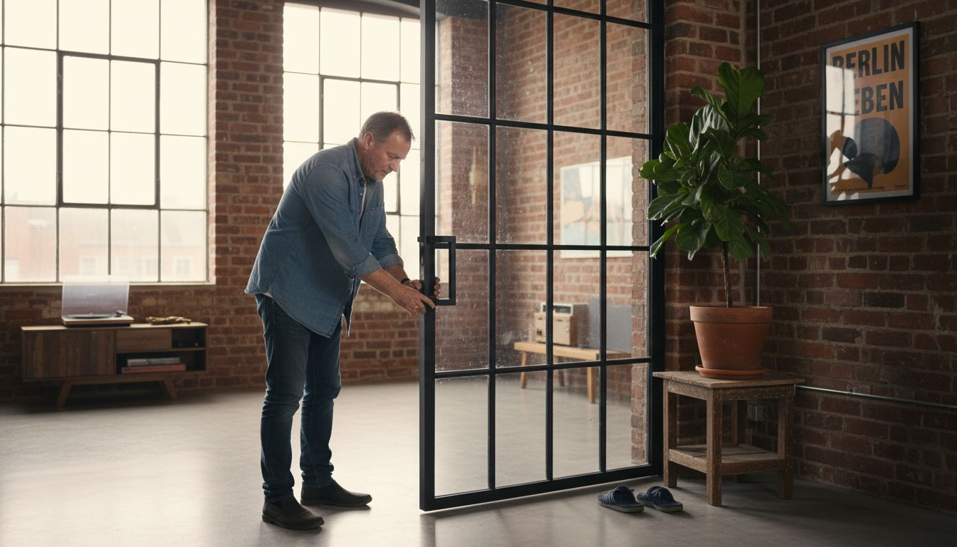 Ein Mann richtet die Glastür zum Dachboden im Wohnzimmer neu aus.