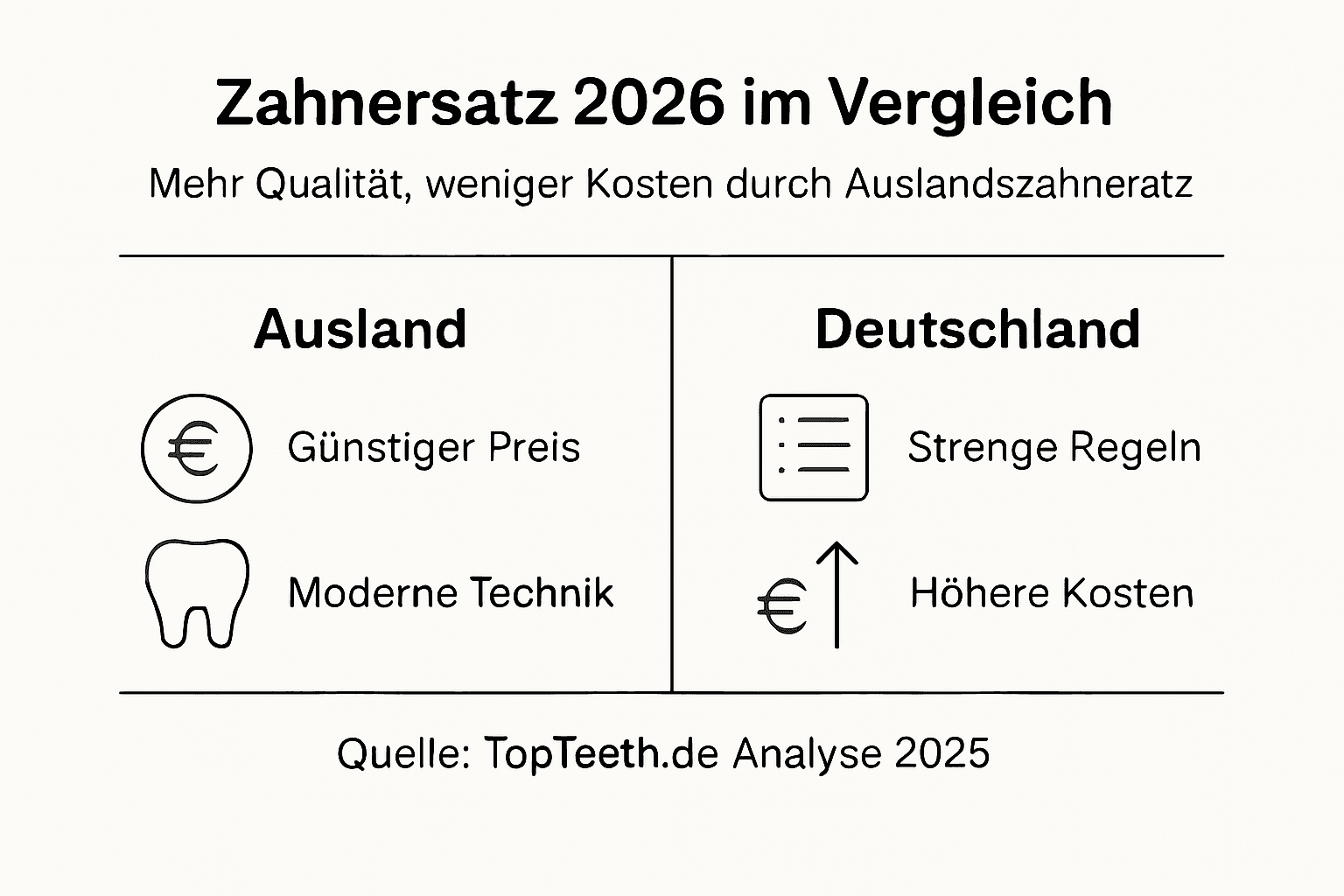 Infografik veranschaulicht die Vorteile von Zahnersatz aus dem Ausland im Vergleich zu Deutschland