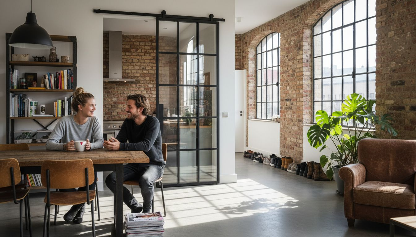 Ein Paar genießt die Zeit in einem modernen Loft mit einer markanten Industrietür.