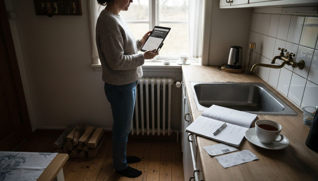 En kvinna sitter hemma och kollar upp vedpriser för att hitta det bästa erbjudandet.