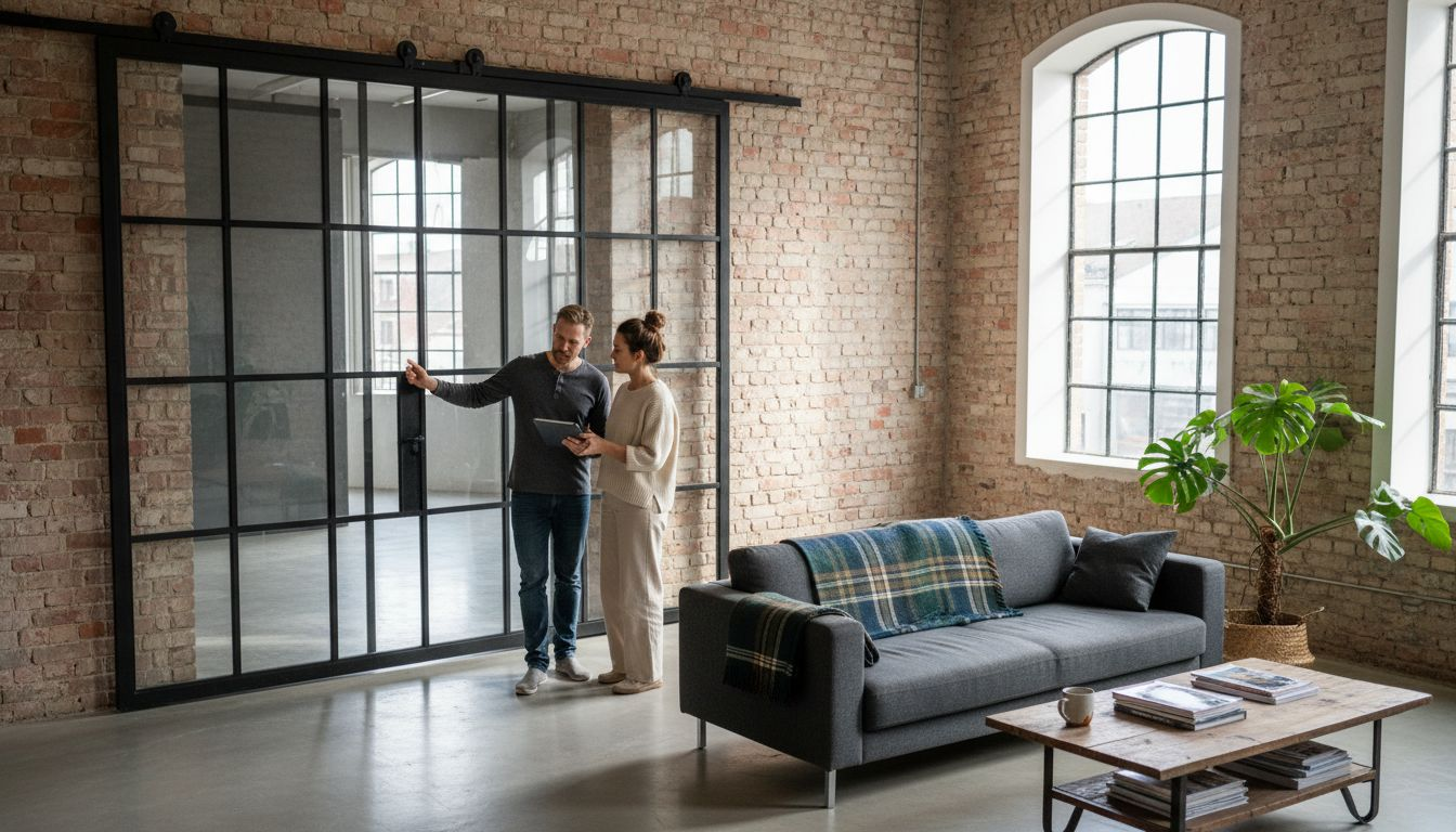 Wohnbereich im Loft-Stil mit eleganter Stahl-Glas-Schiebetür