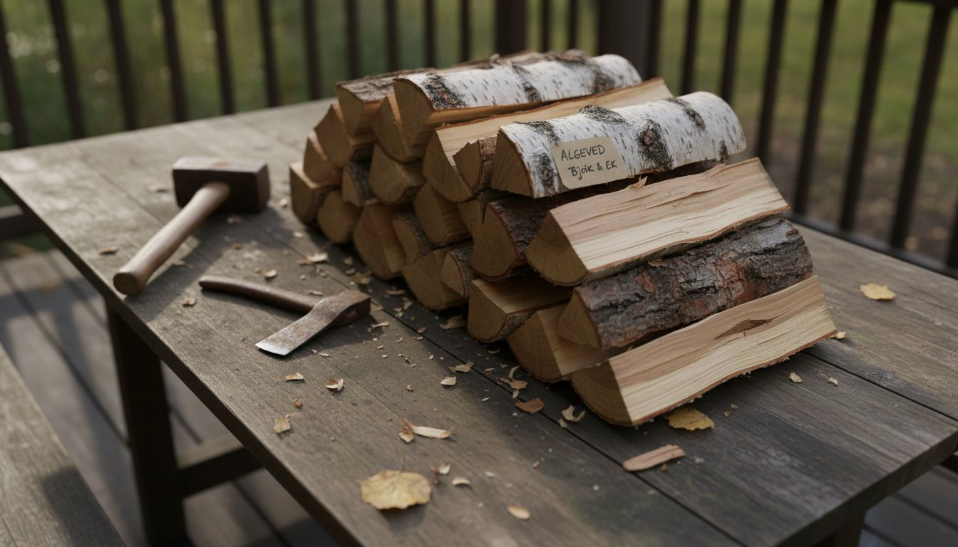 Björk- och ekved prydligt travad utomhus