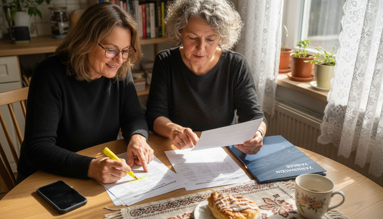 Zwei Frauen vergleichen Kostenvoranschläge für Zahnbehandlungen.