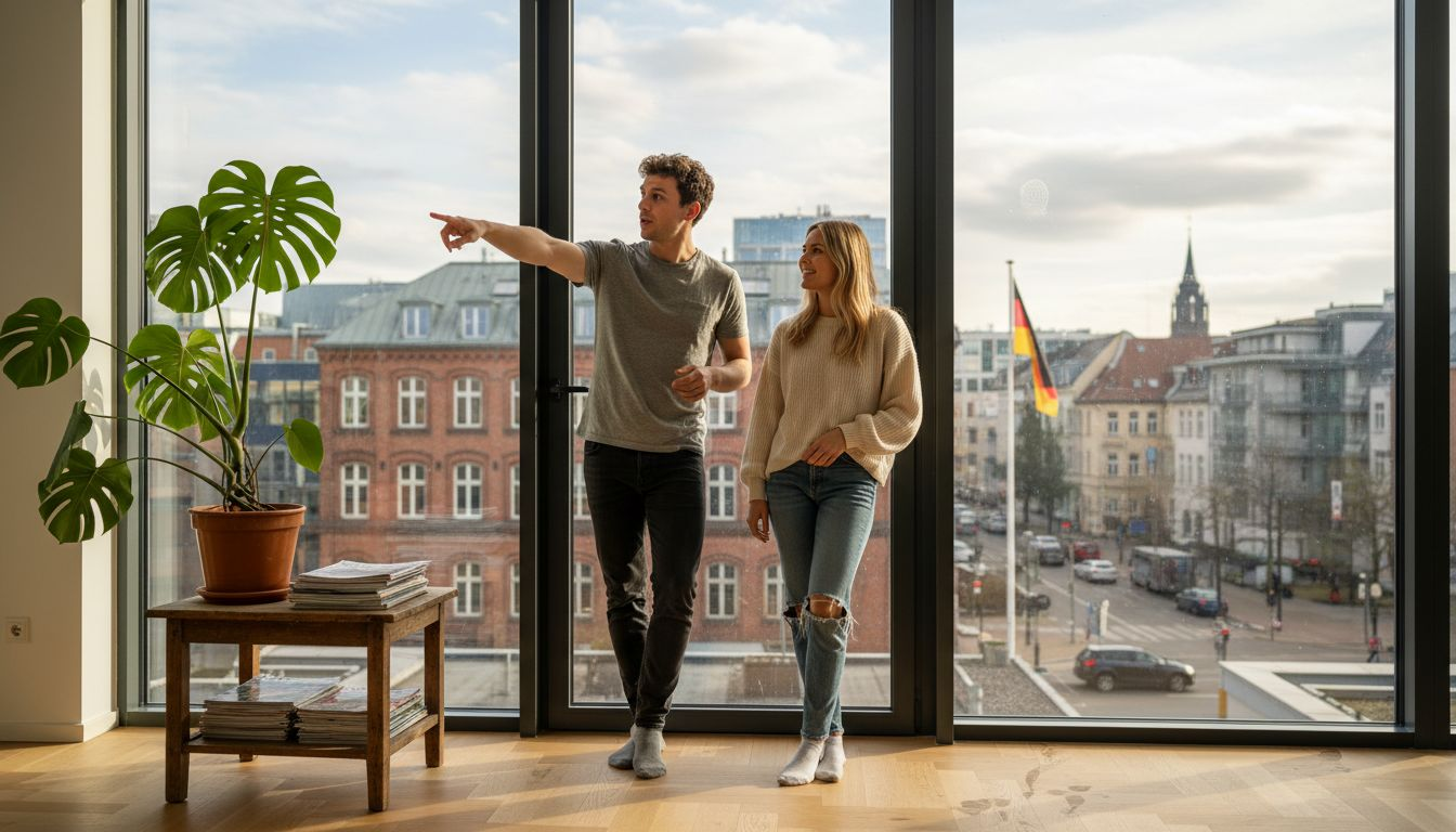 Ein junges Paar genießt die gemütliche Atmosphäre ihres Wohnzimmers mit einer bodentiefen Glasfront.