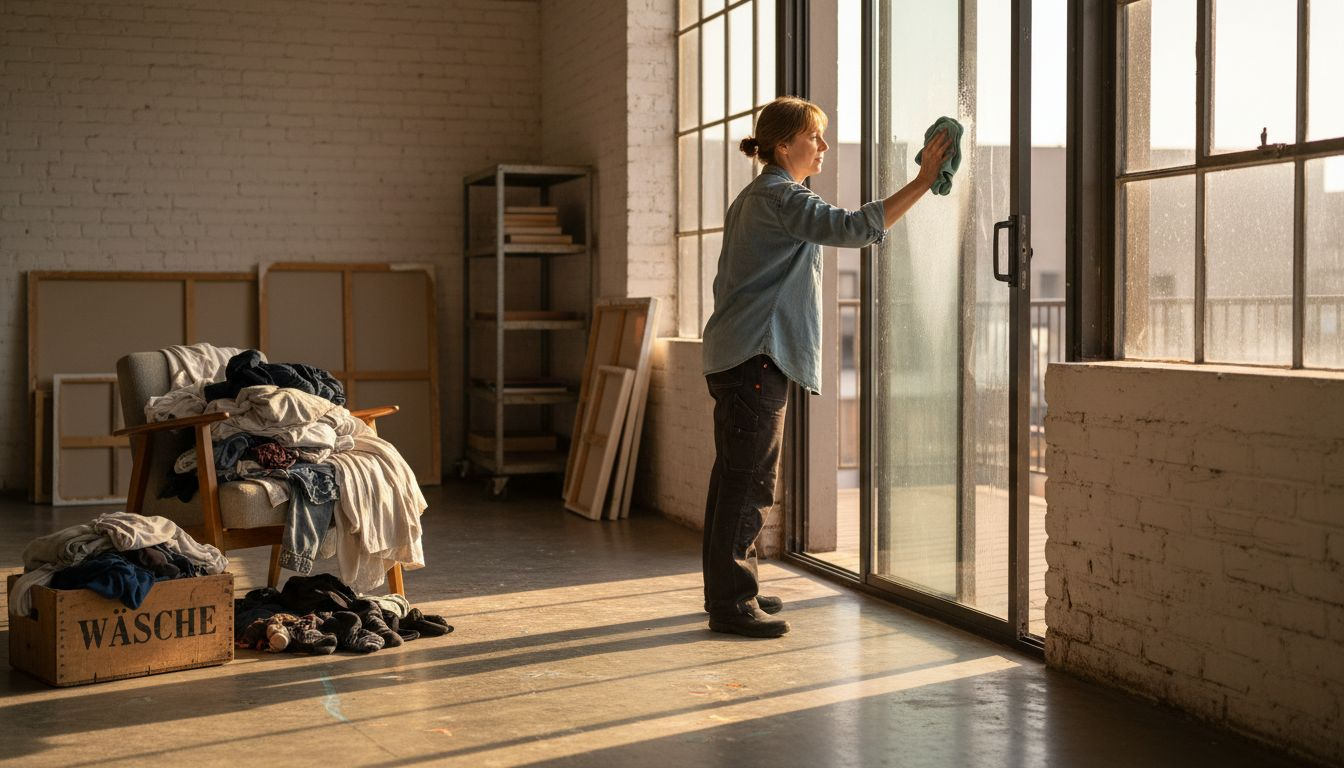 Eine Frau putzt die Glastür ihres Lofts und achtet dabei auf die kleinen Dinge des Alltags.
