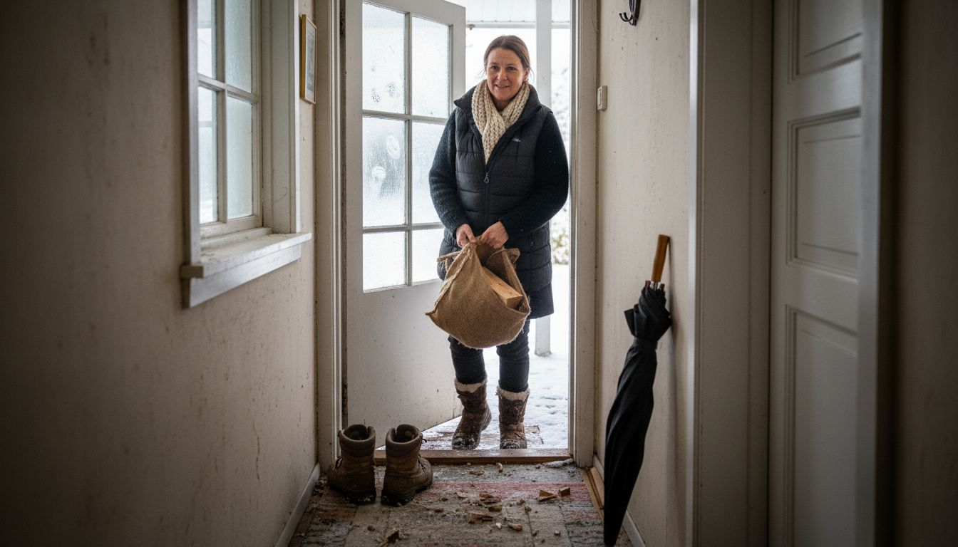 En kvinna kommer gående genom hallen med en liten säck ved i famnen.