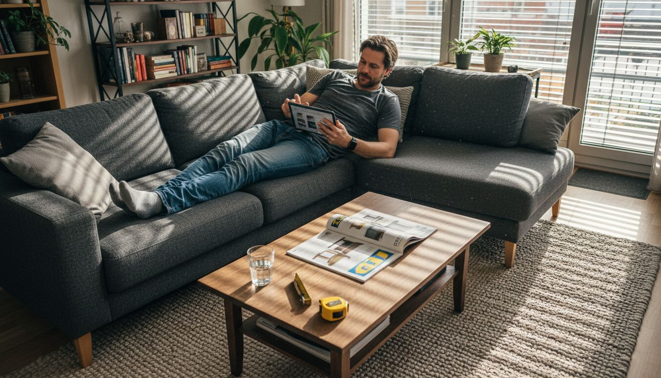 Ein Mann stöbert gemütlich von seinem Sofa aus im Internet nach neuen Möbeln.