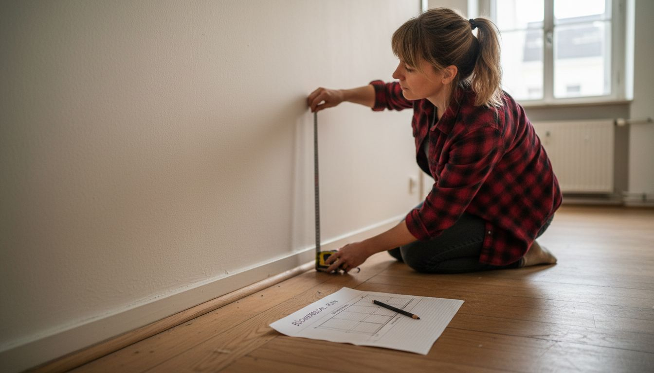 Eine Frau nimmt zu Hause Maß, um ein Bücherregal nach ihren Vorstellungen anfertigen zu lassen.