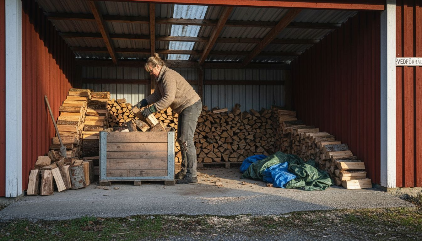 En kvinna radar upp ved under taket för att låta den torka ordentligt.