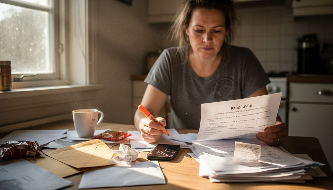 En kvinna sitter hemma och jämför olika kreditalternativ för att hitta det bästa erbjudandet.