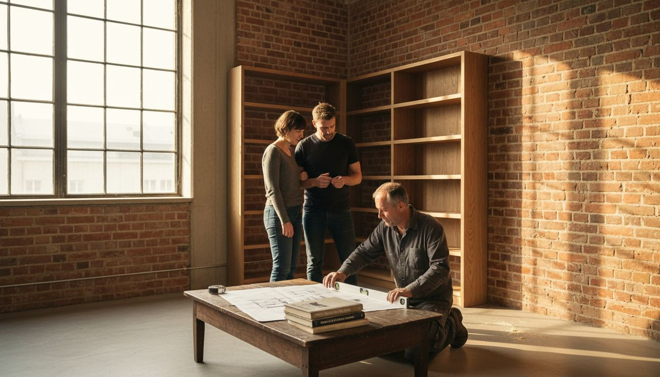 Ein Paar bespricht mit einem Schreiner die Planung ihres maßgefertigten Bücherregals.