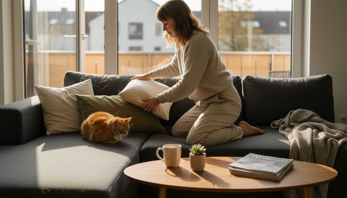 Eine Frau richtet gemütlich die Kissen auf ihrem individuell gefertigten Sofa zurecht.