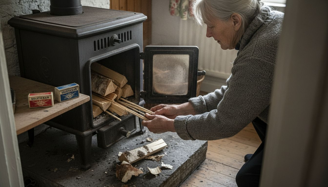 En kvinna bygger upp en lägereld med hjälp av små pinnar.