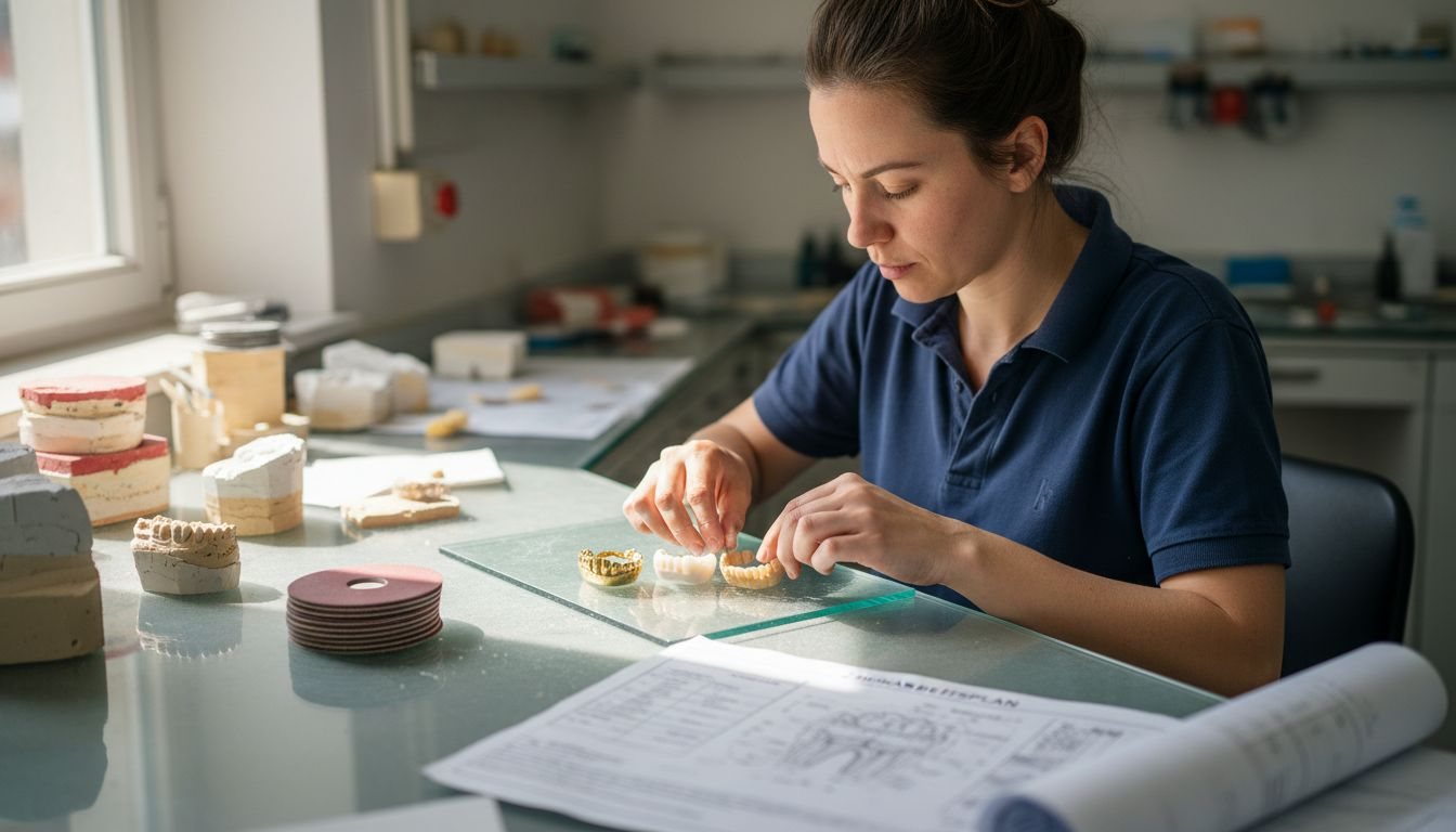 Ein Zahntechniker sortiert verschiedene Zahnkronen und bereitet sie für die weitere Verarbeitung vor.