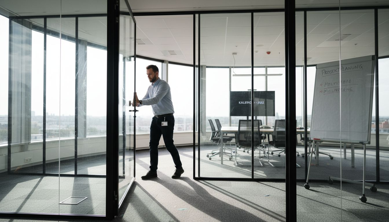 Ein Abteilungsleiter rückt die Glastrennwand im Büro zur Seite.
