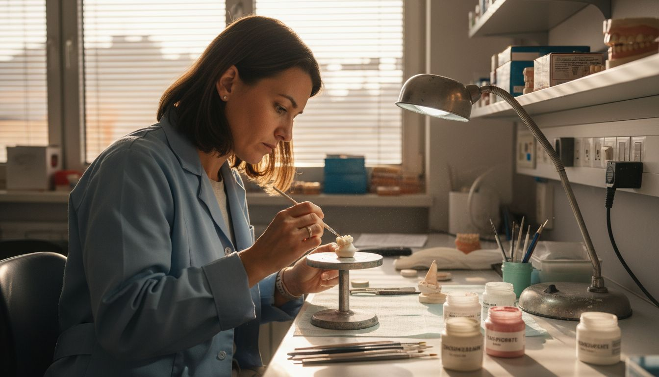 Ein Zahntechniker trägt Keramikschichten auf eine Zirkonkrone auf.