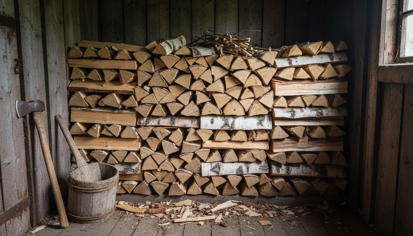 Närbild på noggrant staplad torr björkved i vedboden.