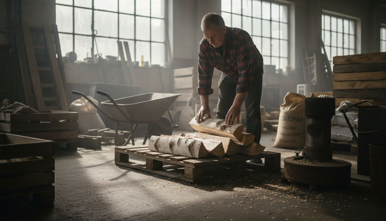 Vi har flera olika sorters ved staplade på pall, redo för leverans direkt från vårt lager.