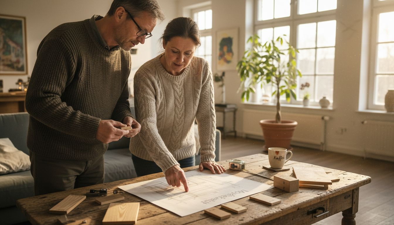 Ein Paar begutachtet gemeinsam die Entwürfe für ihre maßgefertigten Möbel.