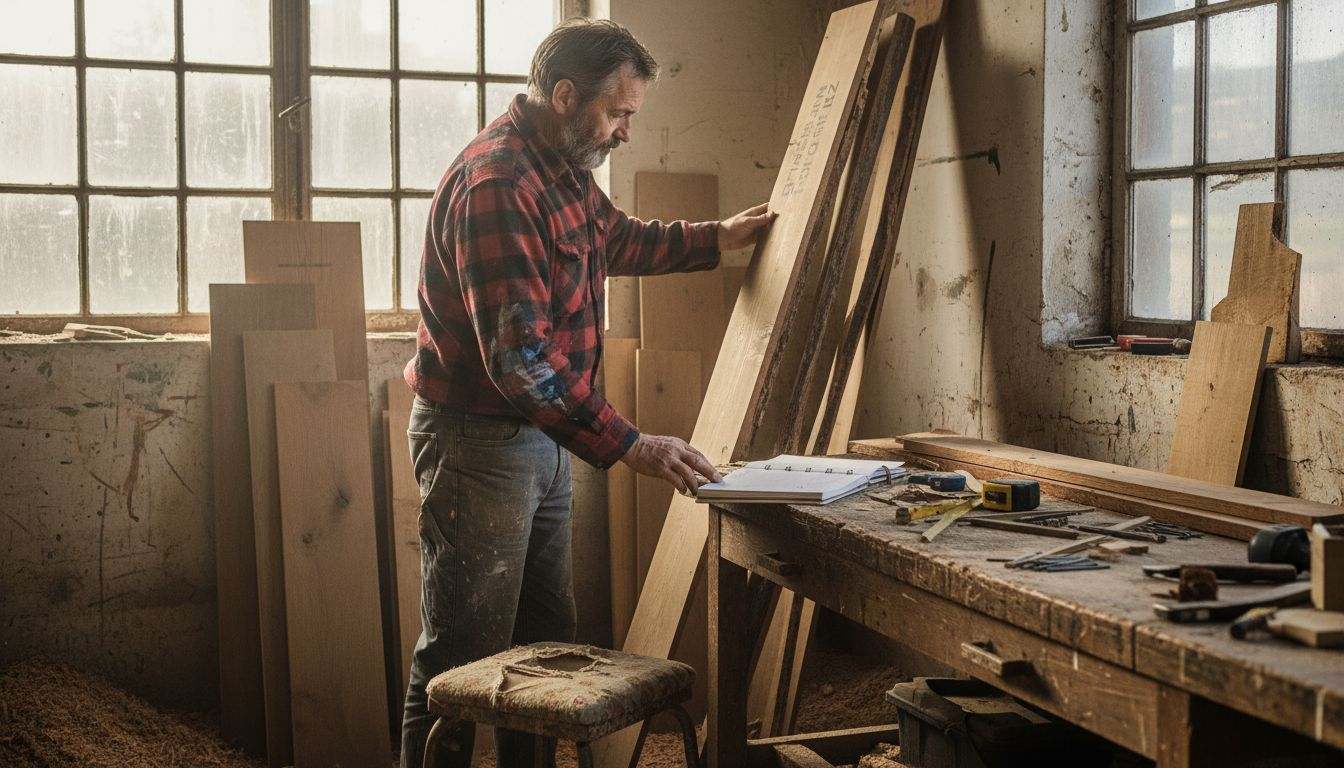 Ein Schreiner begutachtet verschiedene Holzbohlen und vergleicht deren Qualität und Eigenschaften, um die beste Wahl für sein Projekt zu treffen.