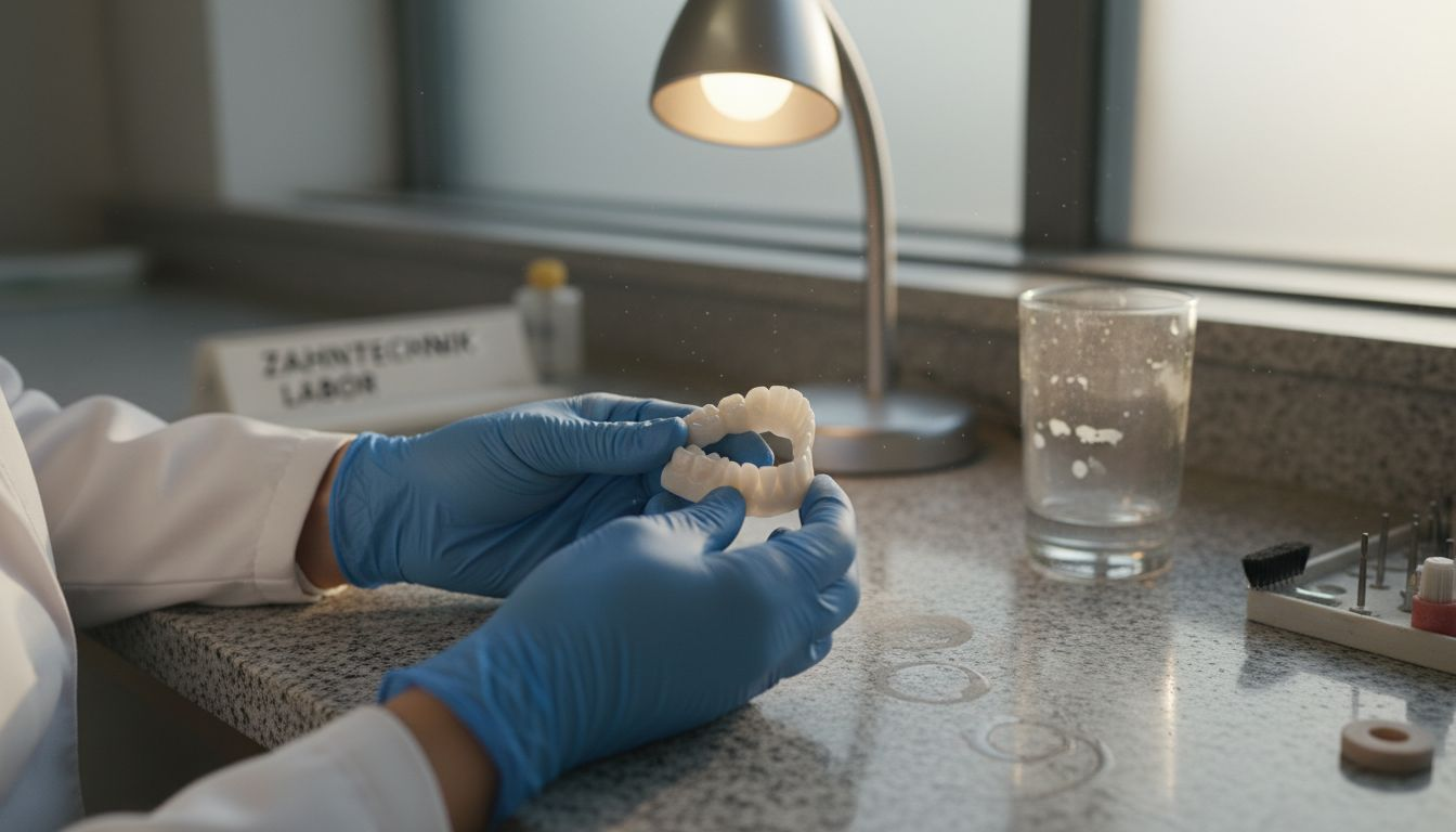 Ein Zahntechniker überprüft sorgfältig die fertige Zirkonbrücke, bevor sie dem Patienten eingesetzt wird.