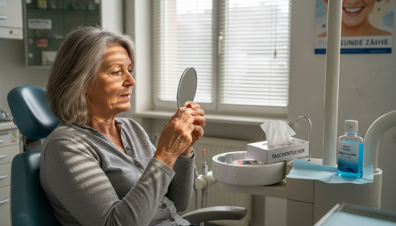 Eine Frau betrachtet ihr neues Zirkon-Brückenzahn im Spiegel und prüft das Ergebnis.