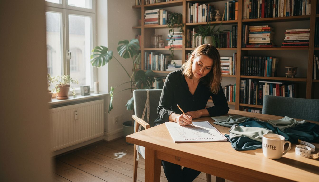 Eine Frau plant individuelle Möbel für ihr lichtdurchflutetes Wohnzimmer.