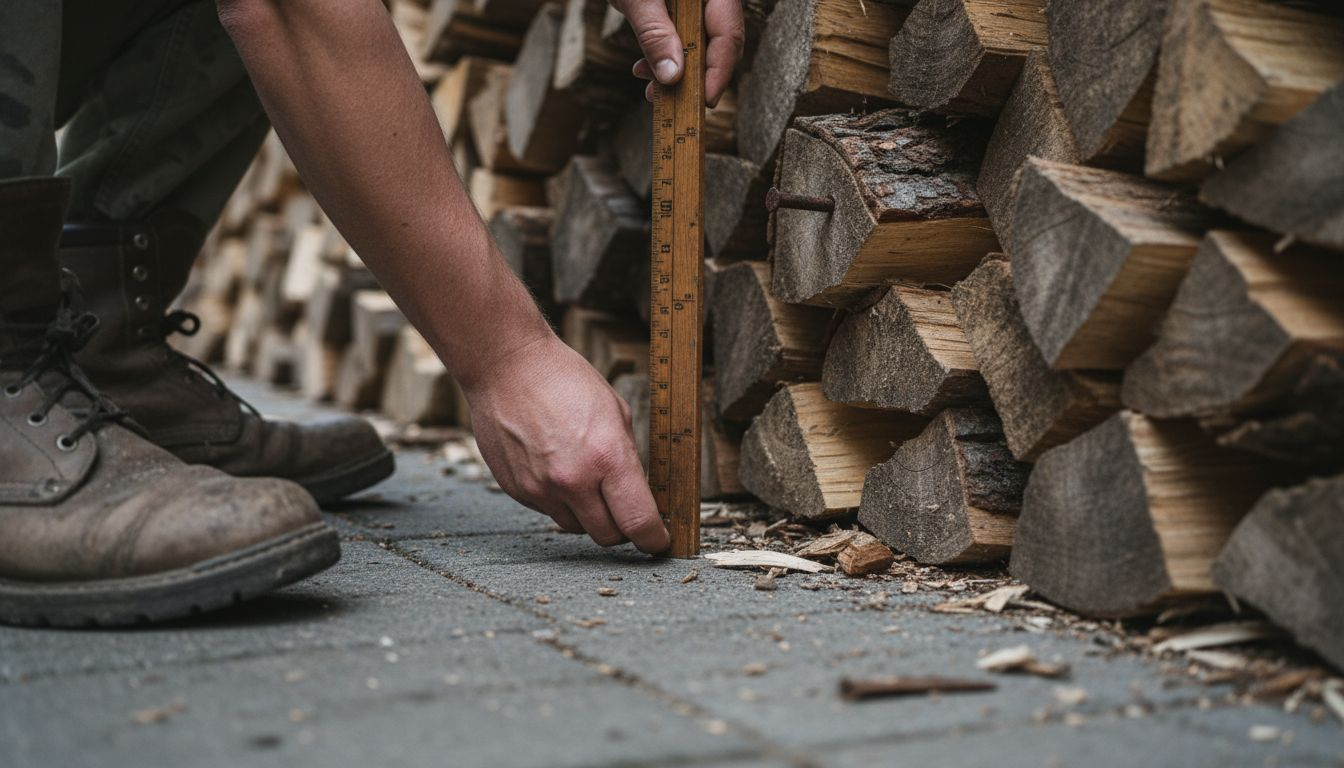 Någon står och mäter en stapel ved på riktigt nära håll med händerna.