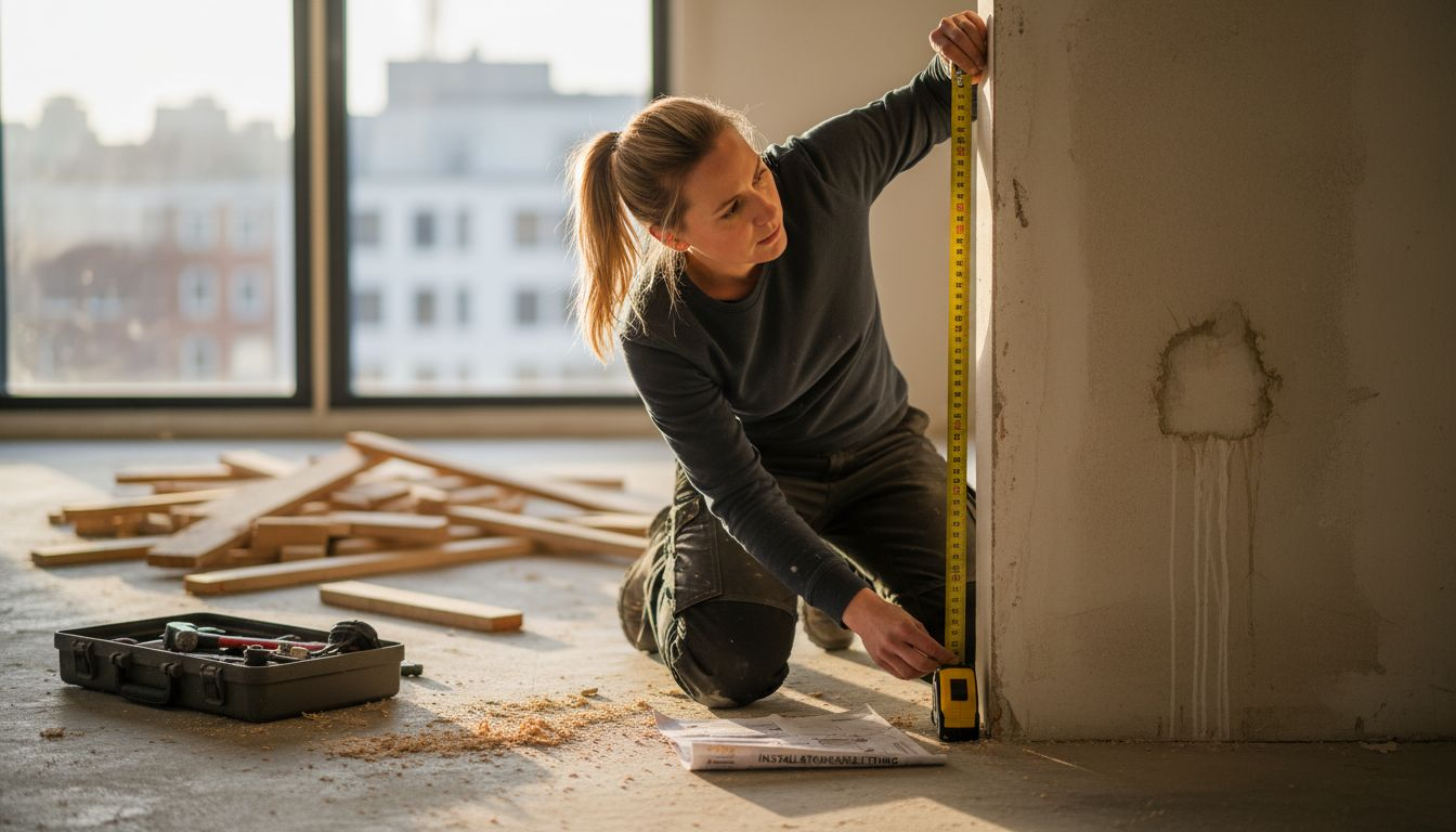 Eine Frau nimmt sorgfältig Maß für die Öffnung der Dachbodentür.