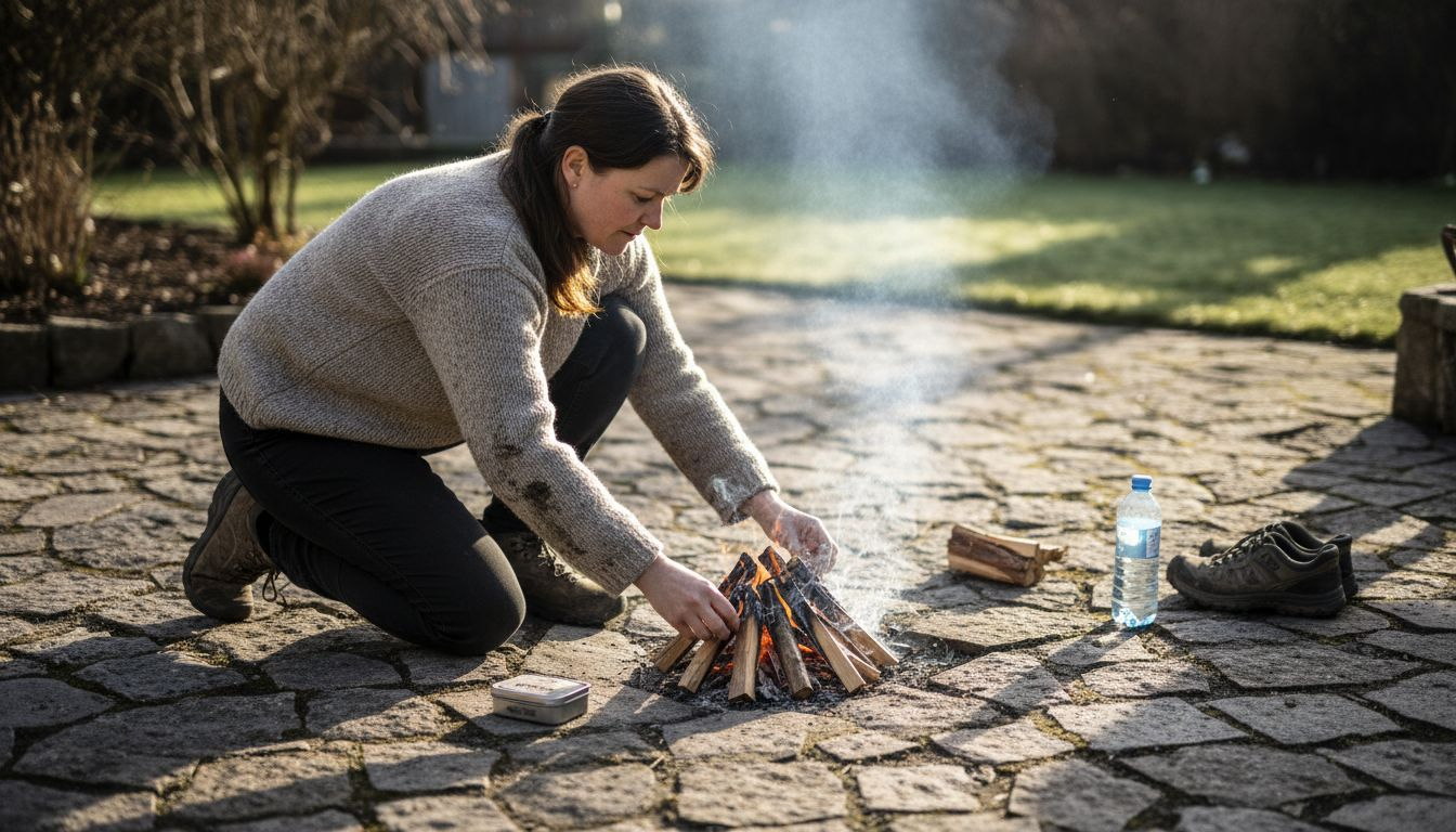 En kvinna staplar ved runt en eldplats ute i naturen.